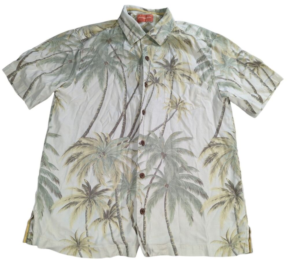 Tommy Bahama Silk Hawaiian Shirt S Palm Tree Print Short Sleeve Camp Button